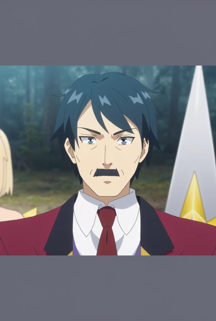 Anime image of a man with a mustache in the background of the forest