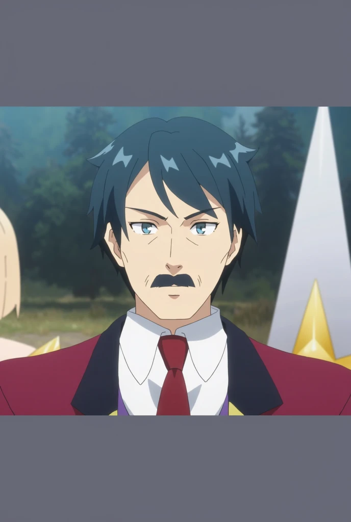 Anime image of a man with a mustache in the background of the forest