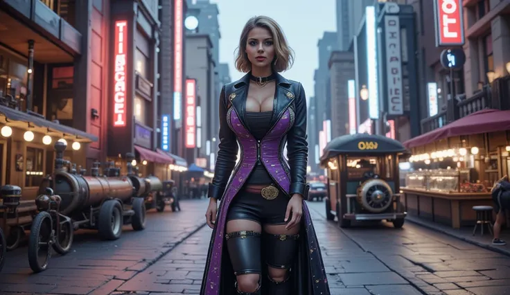 A hybrid steampunk-utopian woman in a long coat with gears and glowing purple panels, standing in a city blending Victorian and futuristic elements. Steam-powered vehicles and neon lights surround her. Dramatic lighting enhances the scene.