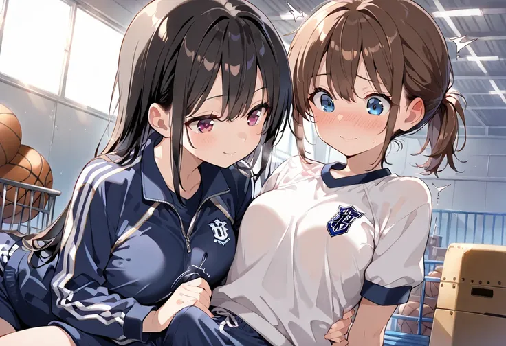 ((masterpiece, best quality, ultra detailed, high resolution, beautiful detailed face, beautiful detailed eyes, perfect hands)), (2 girl, yuri), (1 girl intersex), (jersey, gym uniform, gym shorts), (erection under clothes, bulge), unzipping, sitting, (han...