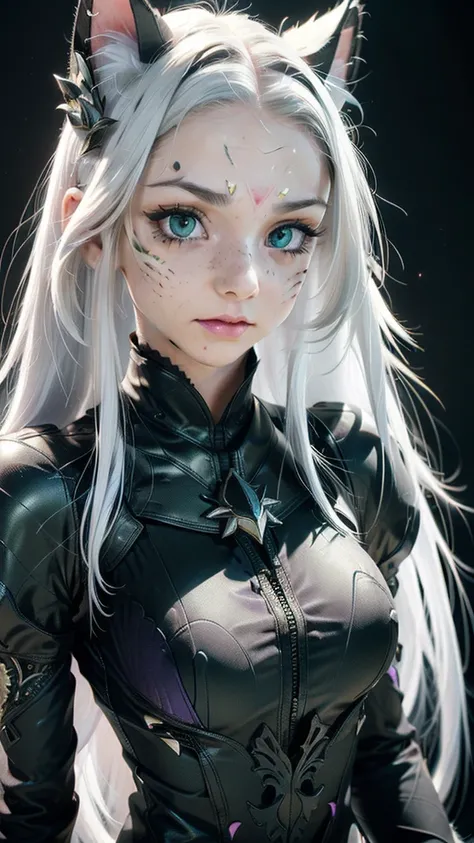 UHD, a beautiful kitten girl, female cat, cat ears, cat tail, white fur, (long pure white hair:1.5), (Light green eyes:1.3), (freckles), (((face detail):1.6):1.2). ((Petite body and very thin):1.4), ((medium breasts)). She wears an intricate black armor. (...