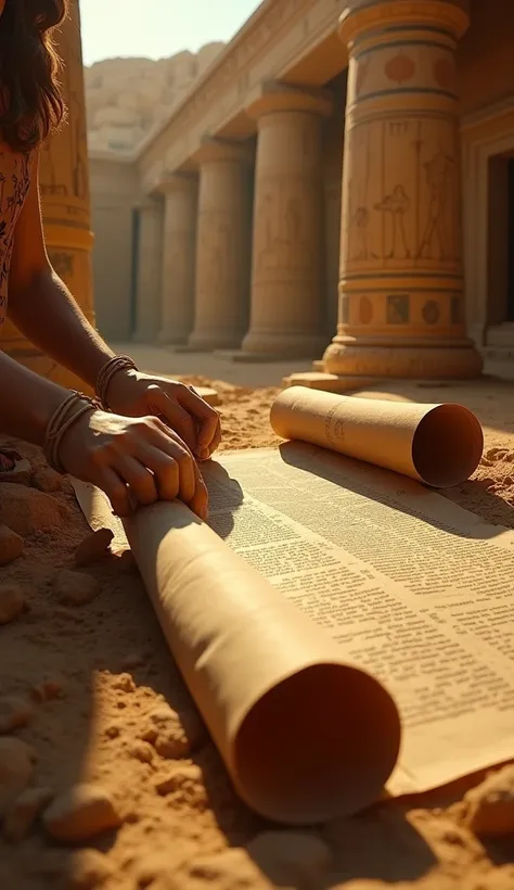 A breathtaking and cinematic close-up of an ancient Egyptian excavation site, where archaeologists uncover a fragile papyrus scroll hidden inside the wrappings of a long-lost mummy. The scene is bathed in golden sunlight, casting dramatic shadows over the ...