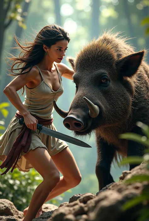 Generate an image for me of a pretty girl killing a wild boar with a knife 