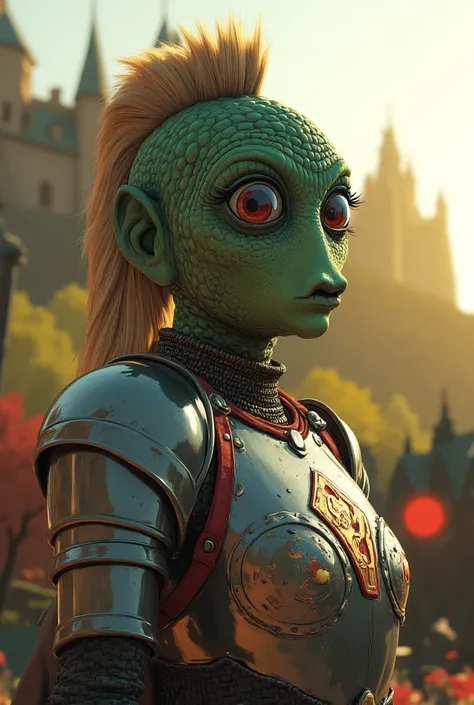 (masterpiece), (extremely intricate:1.3),, (realistic), portrait of a rodian alien girl, the most beautiful in the world, (medieval armor), metal reflections, upper body, outdoors, intense sunlight, far away castle, professional photograph of a stunning wo...