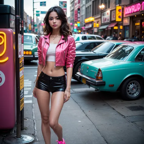 Create a digital image that vividly portrays a dynamic 1980s urban scene at twilight. Center the composition on a young woman with voluminous brunette hair, styled in a distinct '80s fashion. She should be strikingly dressed in neon '80s style clothing: a ...