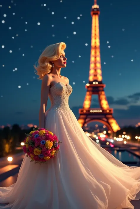 I draw Marilyn Monroe wearing a wedding dress next to the Eiffel Tower at night holding a colorful bouquet of flowers and a 3D image 