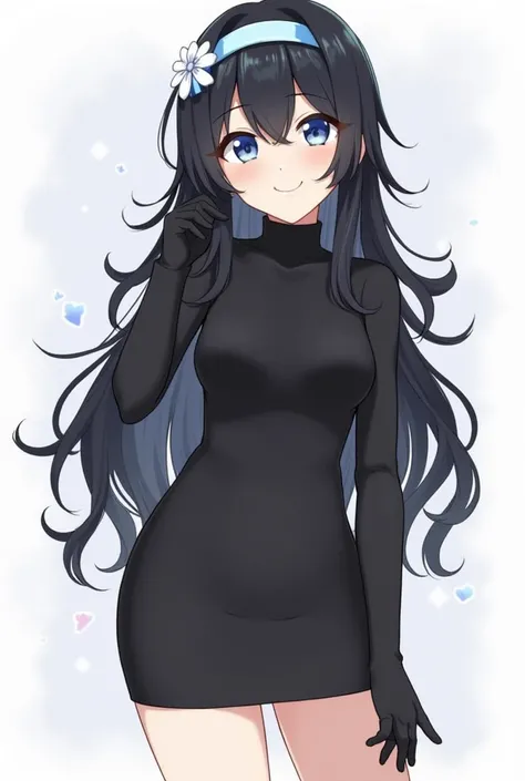 Style like genshin impact 

Her name is mizuki
She has long, wavy, slightly messy black hair.

She wore a long turtleneck, a thin black bodycon dress, and black gloves.
Her eyes are blue, she wears a light blue headband and has a flower attached to it.

Sh...