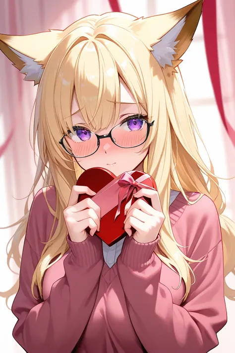 fox girl,blond long hair,purple eyes,glasses,Valentine, shy