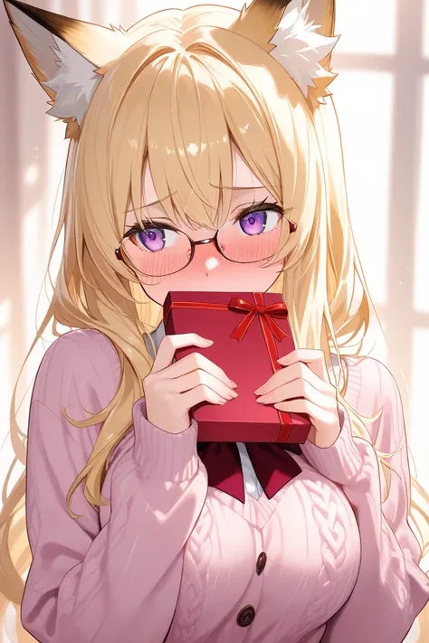 fox girl,blond long hair,purple eyes,glasses,Valentine, shy