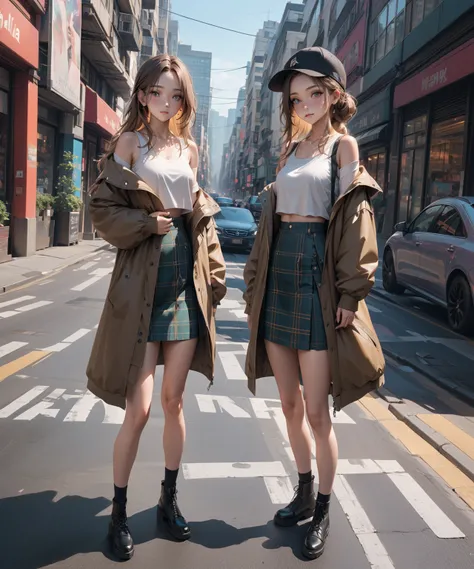 2 beauty women, at modern city, BREAK, (+forehead, long hair, half updo, hats), (one girl : dark blonde hair, another girl : dark brown hair), BREAK, (jackets or waistcoats, pastel color undershirts (+cold shoulders), pastel colored tartan plaid skirts), B...