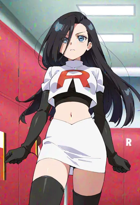 best quality, masterpiece BREAK 1girl, natsukohirose, black hair, long hair, blue eyes, team rocket,team rocket uniform,white skirt,red letter R,crop top,black thigh-highs,black elbow gloves, cowboy shot, indoors