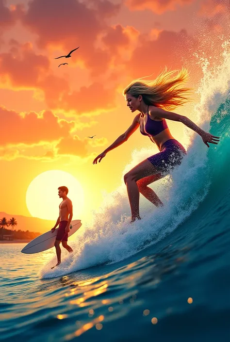 I want you to create an image for me of a blonde girl passionately surfing a wave while a blond boy looks at her smiling with a surfboard clutched,  with the sunset in the background