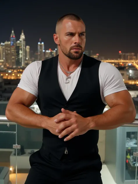 Crie uma imagem realista de um homem branco alto e massive muscle body Aesthetic de 28 anos,  young face, roasted fine,  green eyes,  square jaw, buzz cut hair,  Clear skin, small goatee.  Wearing a silver necklace.  Wearing a white button-down t-shirt wit...