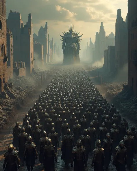 Hundreds disciplined fortified ancient heavily armoured legions of thousands mythical warlords marches through the burned to the ground ruins of conquered world