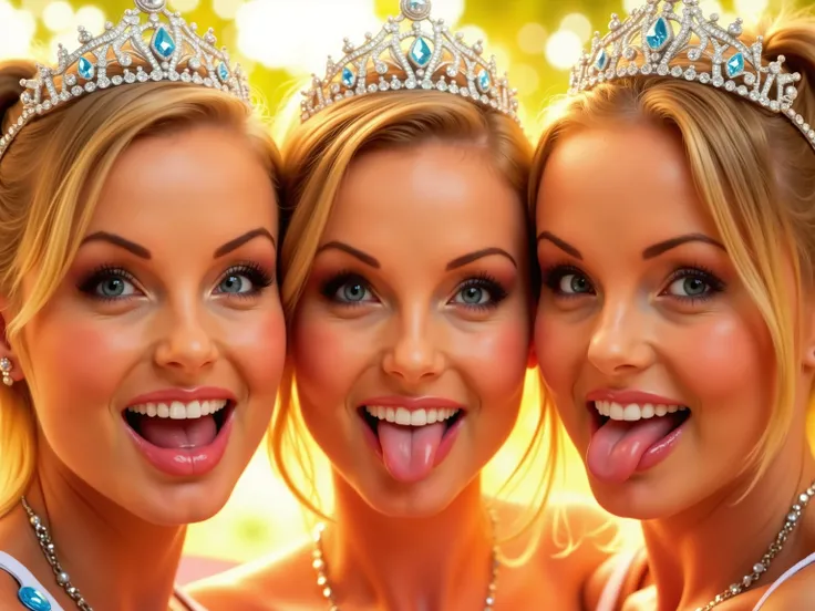 three woman, heads next to each other, smiling, mouth open wide, tongue out, faces only, sunny, hair in a pony tail, wearing a princess crown, diamond necklace