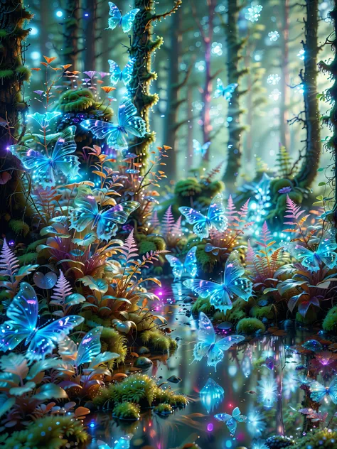 32 K masterpiece , top quality, super detail, official image, Very high resolution 32K wallpapers , beautiful and aesthetic , ultra-detailed features , impressive detail . Huge, Glowing futuristic forest with tall bioluminescent trees Transluce...