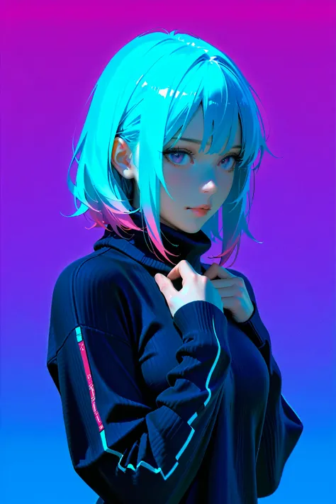 illustrator, anime , realistic ,sketch , 1 girl, ,lip, sweater,order, Blue gradient background, neon hair,Textured trim, Canadian, (masterpiece,Best quality) ganyou