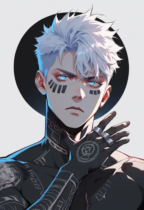 1male, white hair, light blue eyes, black skin, black boy, bangs, athletic body, two ring tattoos around each, simple background, modern clotches, serious, dark circles under eyes