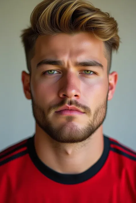 high quality,  8k ultra HD , close up to face al little, A footballer with yellow wavy hair, stubble and fit body wear dark red kit with black stripes 