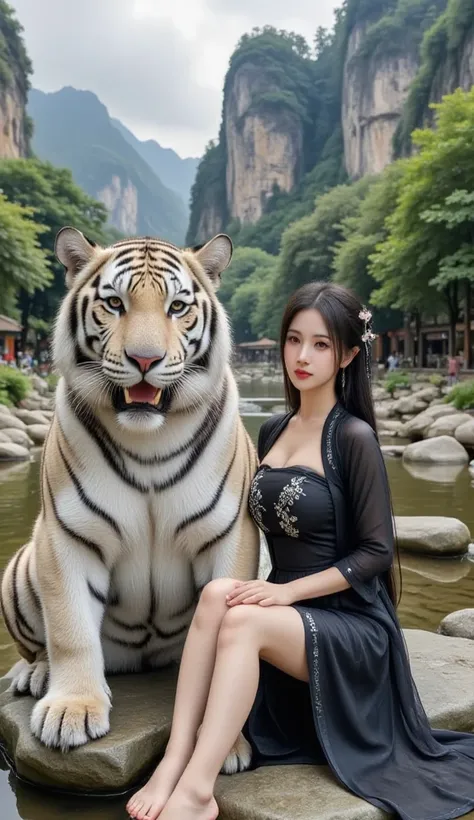 The image features a majestic giant black and white zebra tiger and a seated woman posing side by side  .  The tiger is very large compared to the girl  , lifelike . Its expression is intense ,  with sharp teeth  ,  creates an aura of power .

Woman with b...