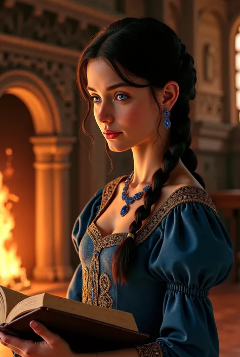 A 16-year-old girl from the medieval era stands in a grand hall illuminated by the warm glow of a fireplace. She wears a luxurious, high-quality dress without a low neckline, richly adorned with intricate patterns typical of the time. The expensive fabric ...