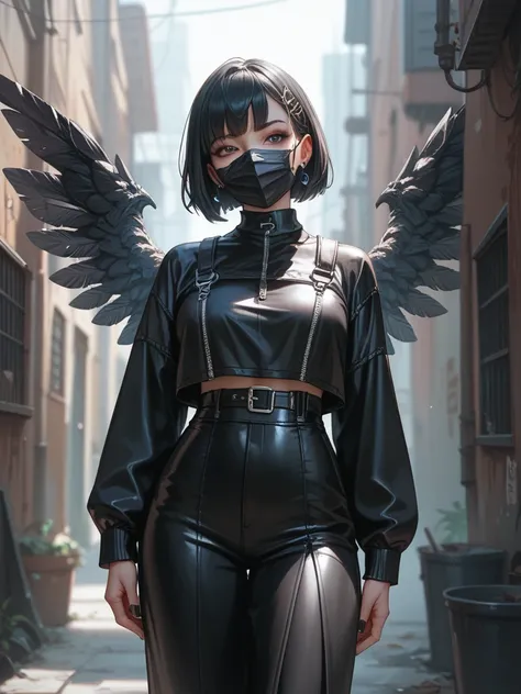 Girl with big black glass wings with black hair,  Long and straight , with a mask that covers his mouth and black clothes in a dark alley 