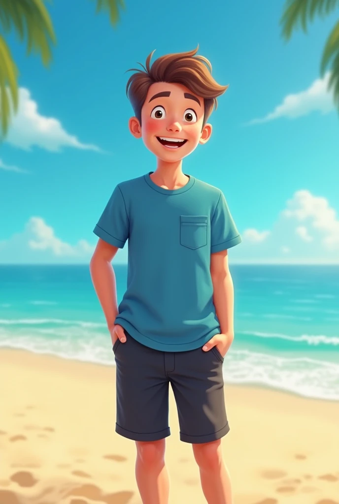 Make an image of a young man smiling, with beach background,  wearing a blue short-sleeve t-shirt with chest pocket, In black shorts with black flip flops, short hair.