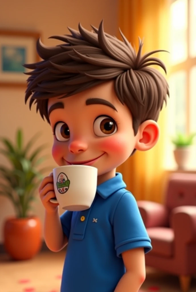 Create Cartoon boy with Royal blue polo shirt drinking coffee 