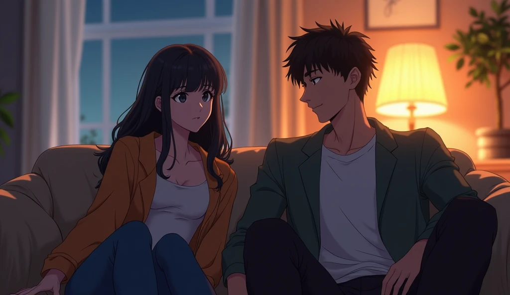 "Anime-style illustration of a couple sitting in a living room, tension in the air. The man, confident and smiling, leans slightly forward, while the woman sits back, forcing a neutral expression but her eyes reveal doubt. Warm lighting contrasts with the ...