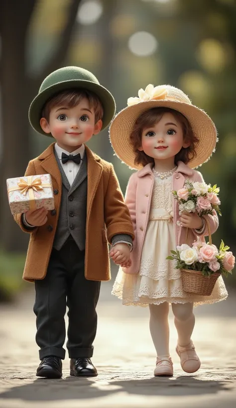 A highly detailed and photorealistic 8K image of a charming European toddler boy and European toddler girl dressed in elegant vintage-style clothing, holding hands and walking together with joyful expressions. The boy wears a classic brown coat over a whit...