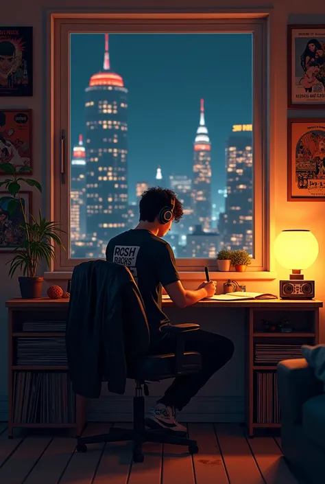 " A cozy and stylish scene of a young man studying in his room at night ,  but with a lo-fi rock aesthetic .  The character remains in the same position , using headphones,  Writing in a notebook,  but dressed in a fictional rock band t-shirt and a leather...