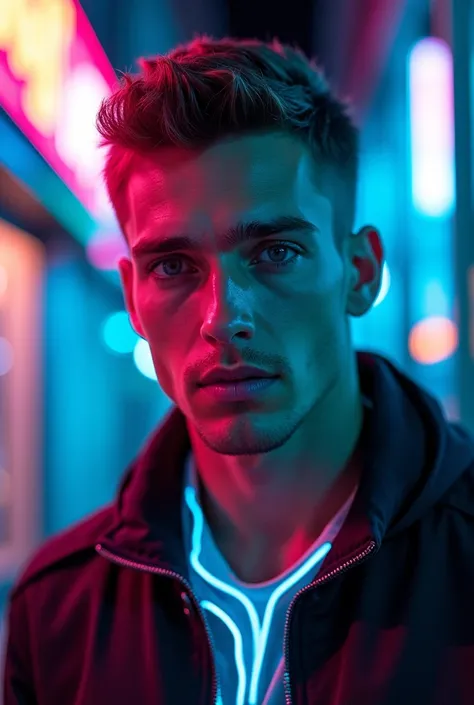 Man, 27 years old: Tall athletic build, very short hair, blue eyes, neon art style, aesthetic, professional photo, 30mm lens, 1/250s, realistic, 4K, f/2.8, high resolution, ISO 100, close-up, high detail, luminescent elements, glowing neon details, LED lig...