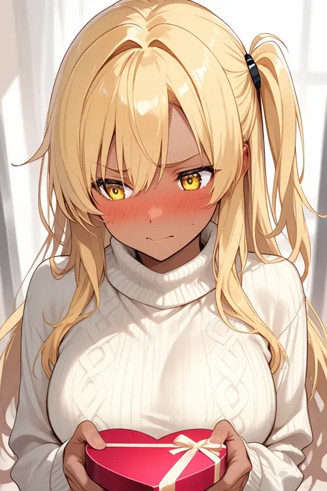 dark skin girl,blond long hair, yellow eyes,one side up, Valentine, embarrassed,sweater