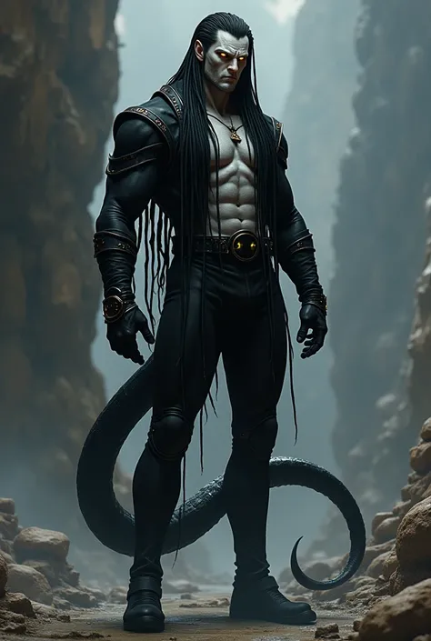 Sci-Fi, Cyberpunk, One tall strong man with big long tail, features of a snake. features of a demon. features of a naga, space, Lots of long blacks Braids, futuristic tight black jumpsuit. spaceship, pale skin, yellow snake eyes, human face, 2D, anime, mat...