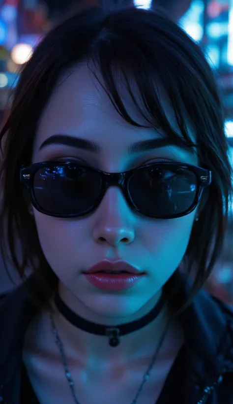 Face close up, alternative girl, watching over black sunglasses, jacket, necklace, neon light reflections on skin, ear ring, makeup, skin imperfection, short hair, beanie, neon lights background, low light, depth of field, highly detailed, high contrast, f...