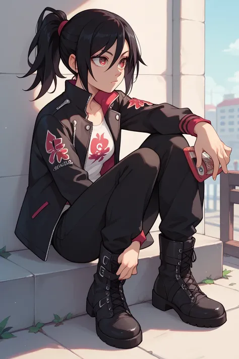 Female Sasuke Uchiha, black jacket, black pants, boots, ponytail, sharingan eyes