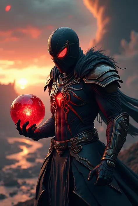 A meticulously detailed, full-body 8K UHD portrait illustrates a punp-styled, anthropomorphic spiderman gladiator wielding a Void magic orb.  The figure, attired in armor and a Red Gold skull mask, is rendered with hyperrealistic precision and sharp focus....