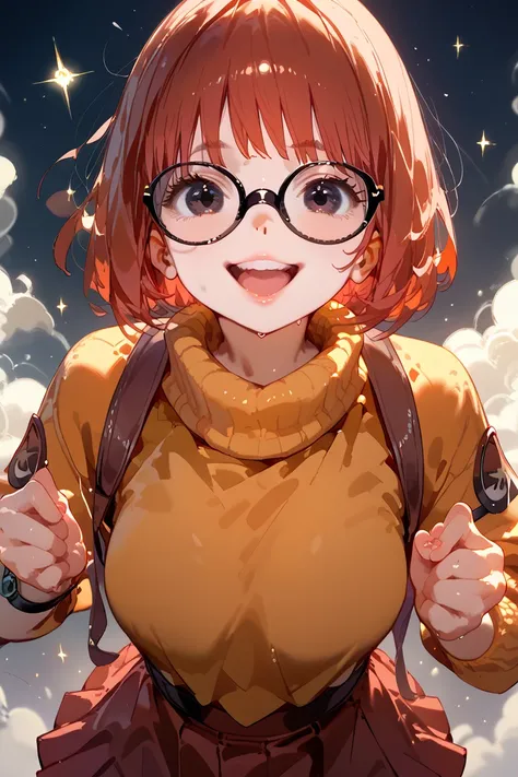 Velma Dinkle, her eyes sparkling with excitement and her gigantic Boobs bouncing as she runs for her life from otherworldly entity in darkness.  Velma's happy, cute smile contrasts with the eerie atmosphere.