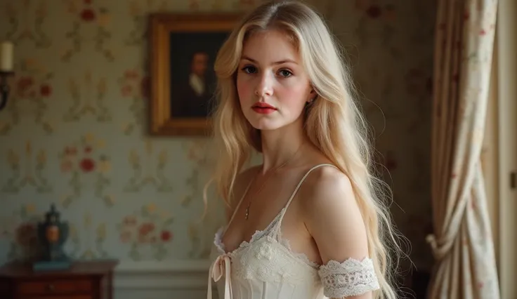 England the year 1909, Rose is fifteen years old, she is a beauty, light blonde with a very long and wavy hair. she is in her bedroom getting dress, she is wearing delicate white camisole with lace-trimmed straps and a cinched waist, made of soft, lightwei...