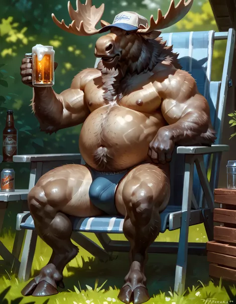 (Taran Fiddler), Moose, male, solo, anthro, chubby, dad bod, mature male, older male, greying muzzle, hairy, happy trail, pubic hair, sitting in backyard, wide hips, thick thighs, lawn chair, hooves, underwear, bulge, mostly naked, trucker hat, outside, na...