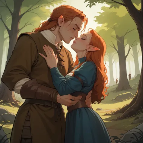 score_9, score_8_up, score_7_up, score_6_up, soruce_anime, 1boy,1girl, couple kissing, standing in dark woods, dark_elves, medieval, detailed medieval clothes, long hair, pointy ears, scar, passionate kiss into the woods, forest, bliss, closed eyes, from b...
