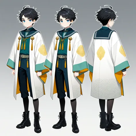 1boy , standing, Shinkai Nagi, bishonen, charming, slim, very short black hair,(spiky hair:0.8),ahoge, swept bangs, thick eyebrows, blue eyes,(jitome:0.7),white haori with light turquoise gradient, seigaiha pattern in emerald and dark turquoise, deep navy ...