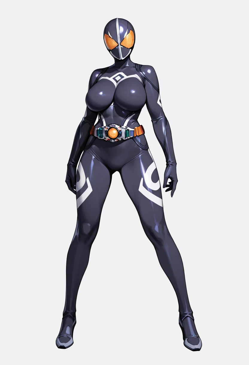 Top quality, full body, standing, from front,looking at viewer, white background, no human features,A sexy female humanoid monster,perfect body,large breasts, full body paint, a rider belt around her waist