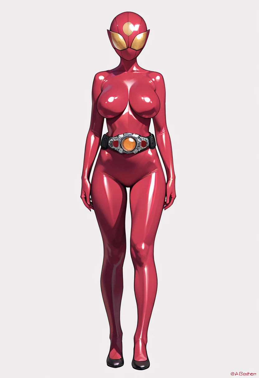 Top quality, full body, standing, from front,looking at viewer, white background, no human features,A sexy female humanoid monster,perfect body,large breasts, full body paint, a rider belt around her waist