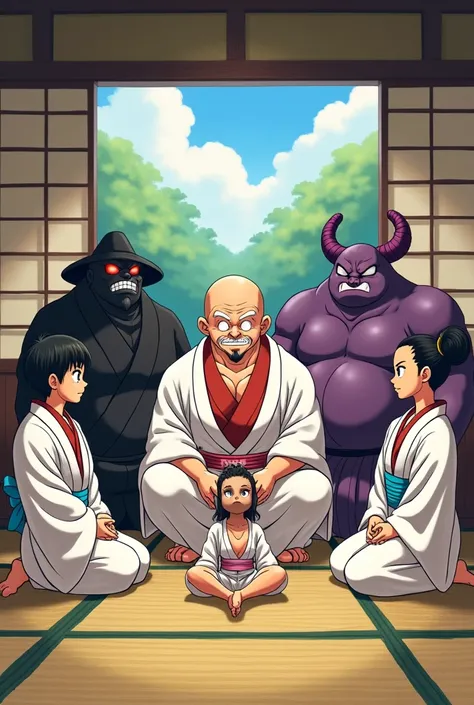 Create an illustration with Dragon Ball Z characters such as: Mr Satan , mr. popo, yayirobe , Babidi . And 3 more characters including a woman ,  all wearing white kimono sitting on a tatami  