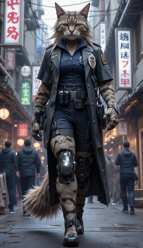 A large humanoid female cat as a Japanese police officer is patrolling the shopping area, occasionally smiling at citizens.