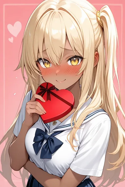 dark skin girl,blond long hair, yellow eyes,one side up, Valentine, embarrassed,school girl,Smile