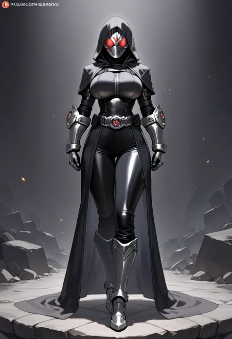 Masterpiece, top quality, high resolution, 1girl , Alone、 Black leather clothing 、Big Breasts、 Black Robe 、black hood ,Iron Mask on Face , Iron Gauntlet on Arms、 long pants、Iron Boots、Assassin's Outfit,full body、