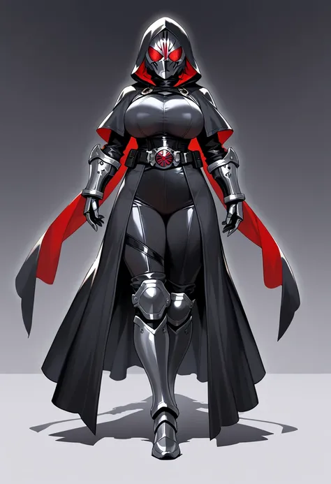 Masterpiece, top quality, high resolution, 1girl , Alone、 Black leather clothing 、Big Breasts、 Black Robe 、black hood ,Iron Mask on Face , Iron Gauntlet on Arms、 long pants、Iron Boots、Assassin's Outfit,full body、