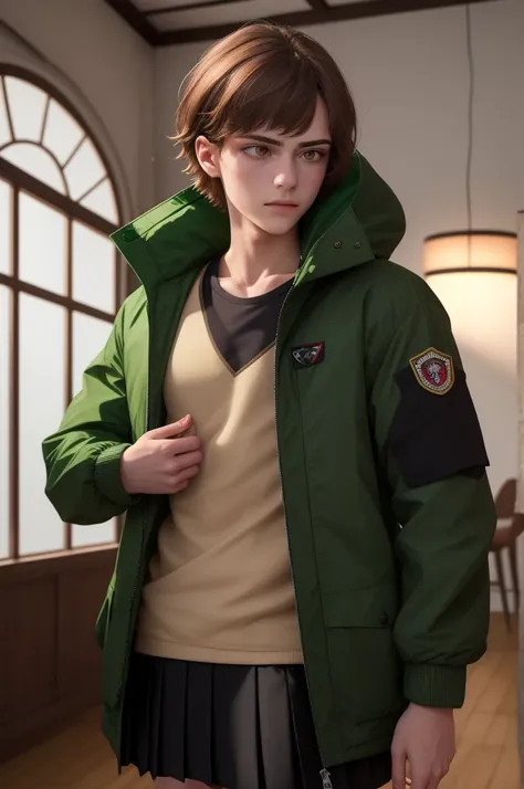  Masterpiece ,  Best quality , alex sdv ,  1 malchik, One, green jacket,  brown hair,  turn red,  brown eyes,  black shirt ,  upper body ,  open jacket ,  short hair ,  looks towards ,  indoor skirt,  standing,  closed mouth